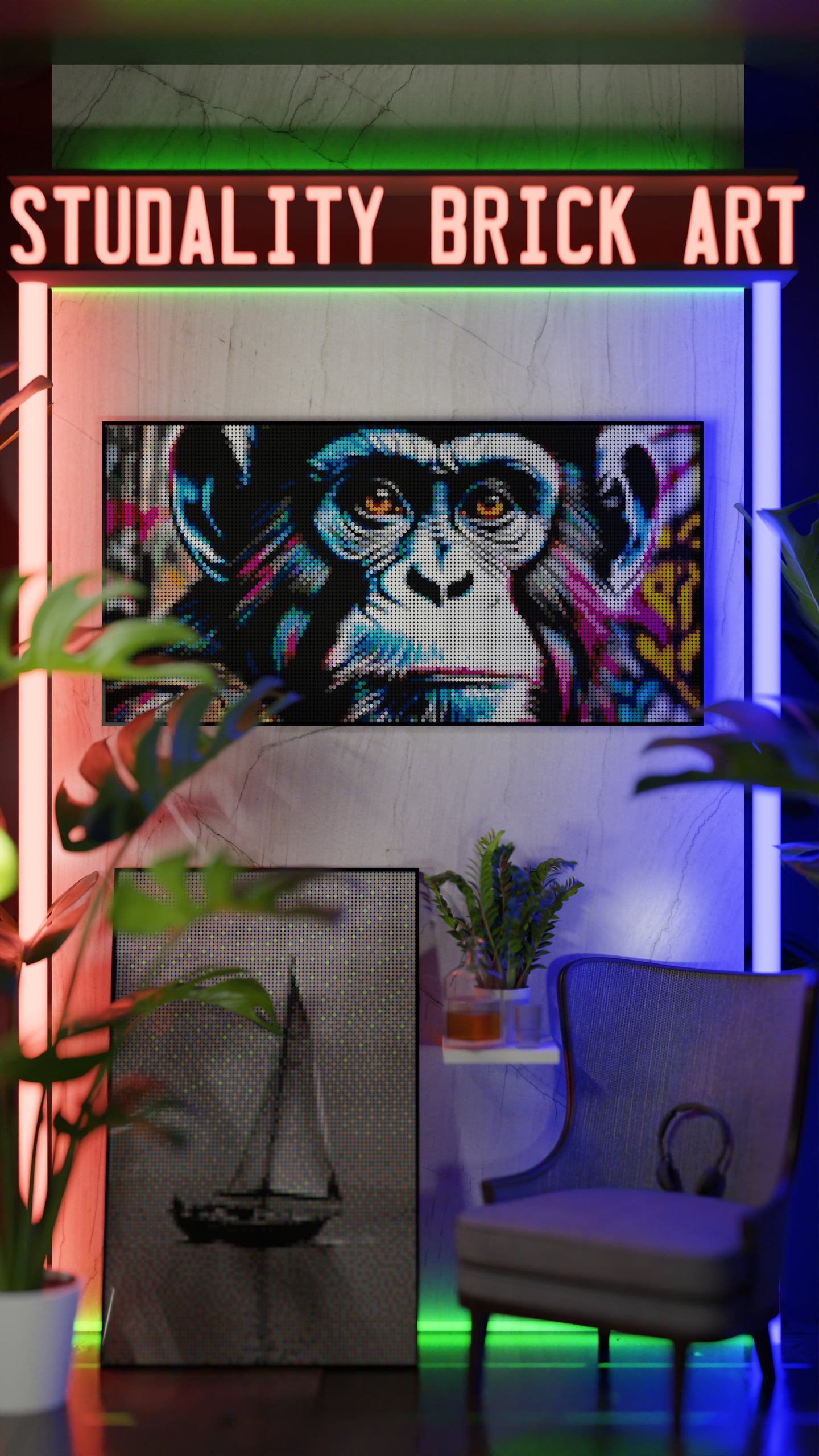 Ape Hop Movement LEGO® Style mosaic wall art made from colorful plastic bricks